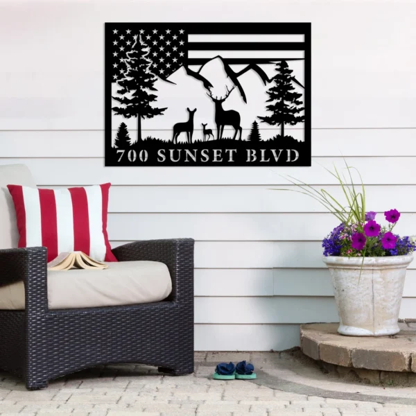 Deer Metal House address sign with US flag - Image 7