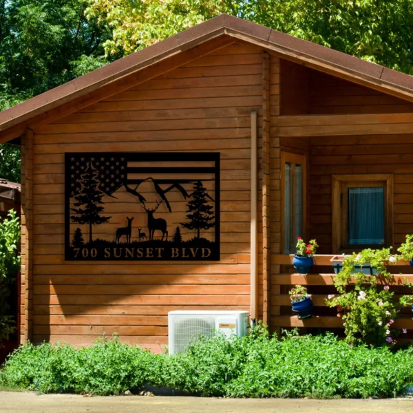 Deer Metal House address sign with US flag
