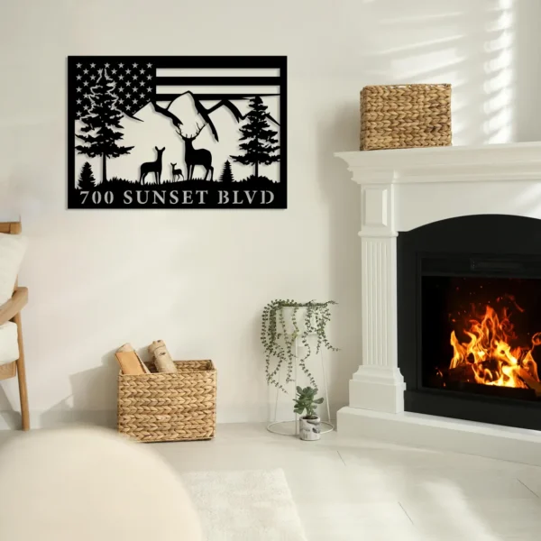 Deer Metal House address sign with US flag - Image 5