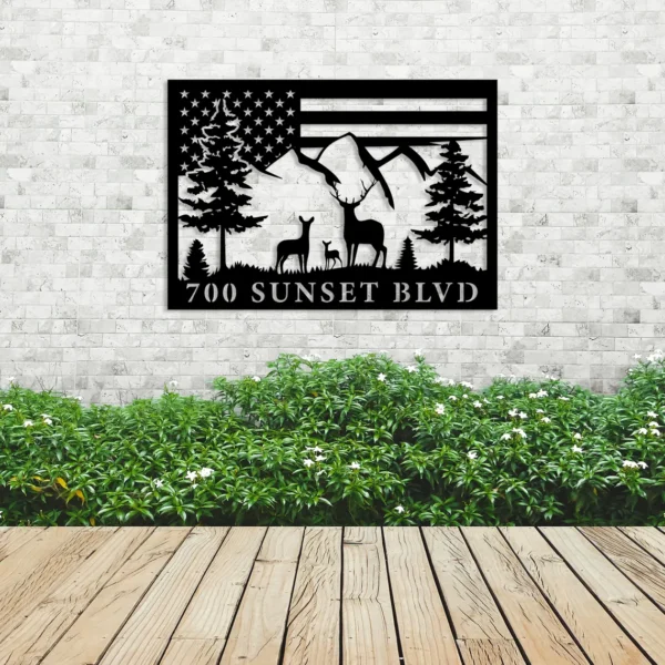 Deer Metal House address sign with US flag - Image 4