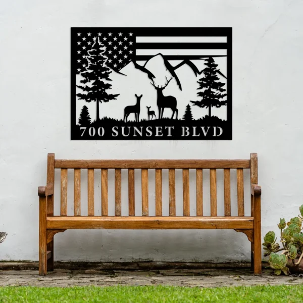 Deer Metal House address sign with US flag - Image 3