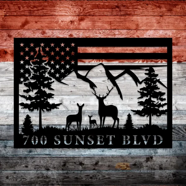 Deer Metal House address sign with US flag - Image 2